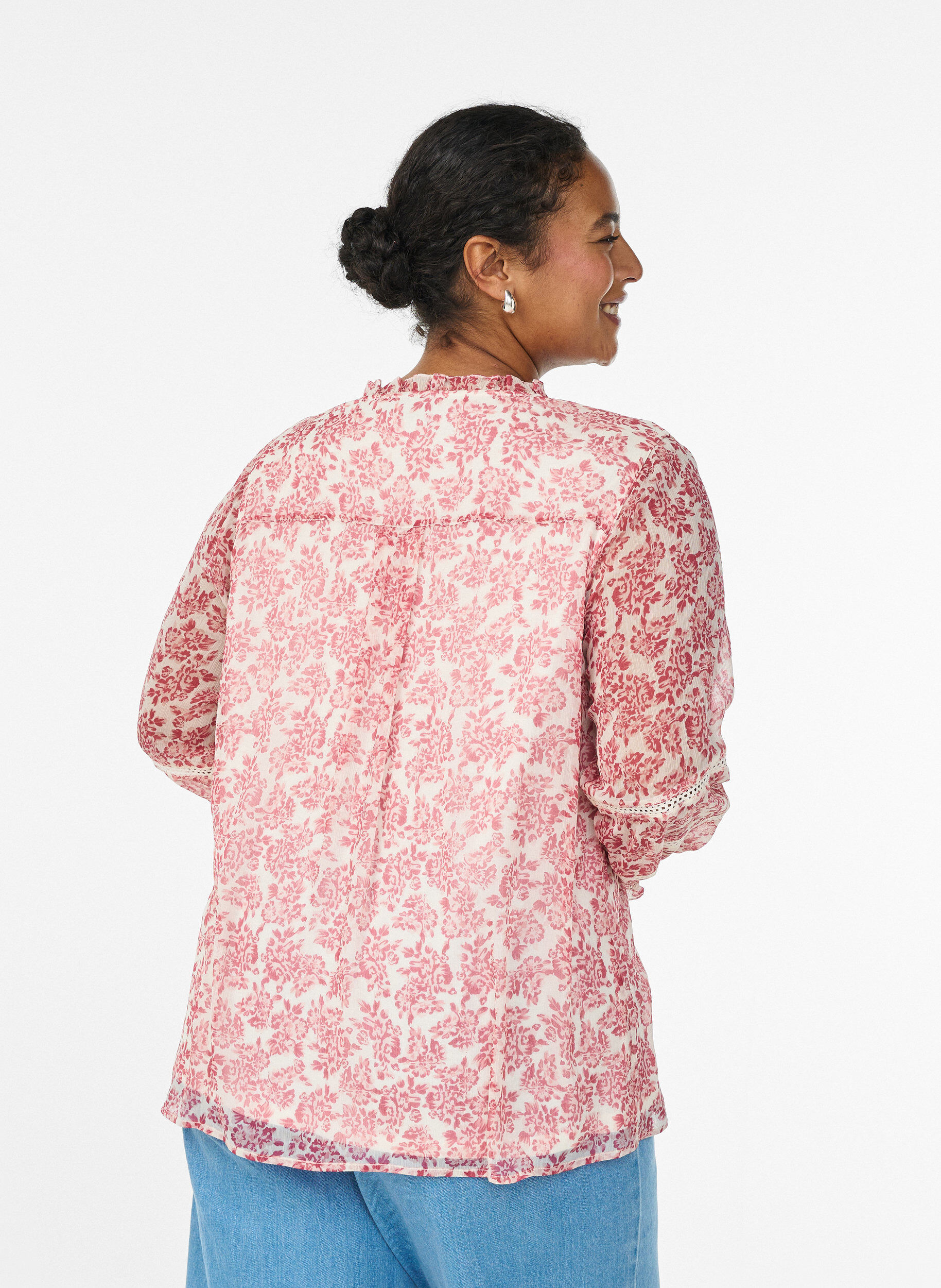 ZizziChiffonblouse met bloemenprint en gehaakte bies, Rood, Model image number 2