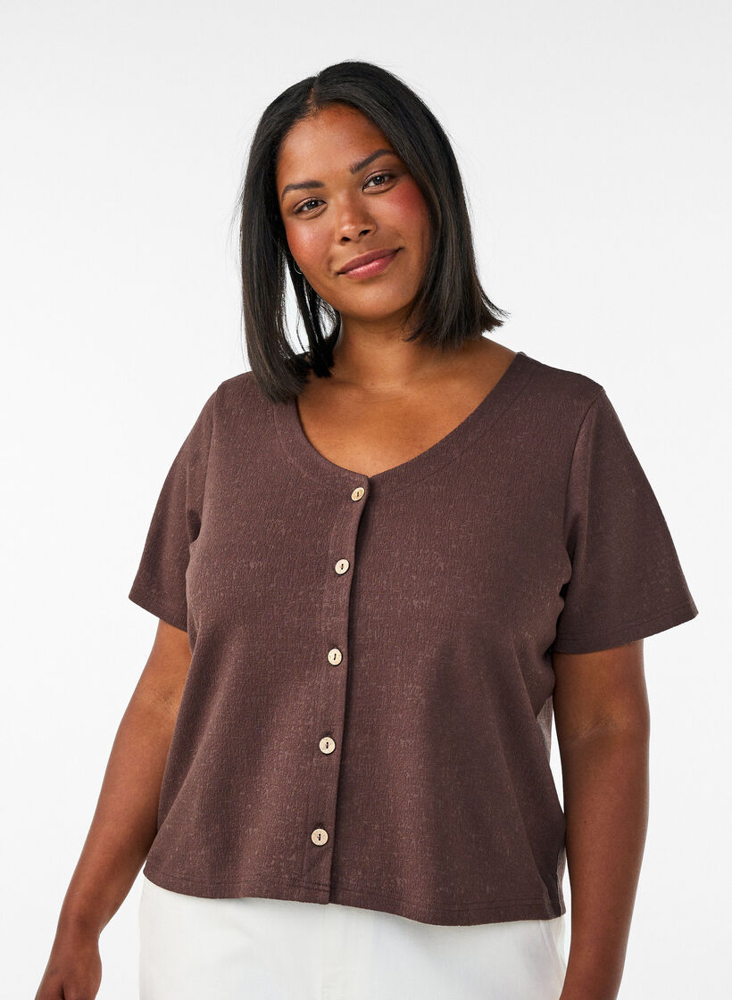 Blouse en coton textur&eacute; avec fermeture &agrave; boutons, Marron, Model image number 0