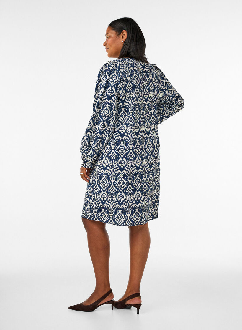 Jurk van viscose met patroon en lange mouwen, Blauw, Model image number 2