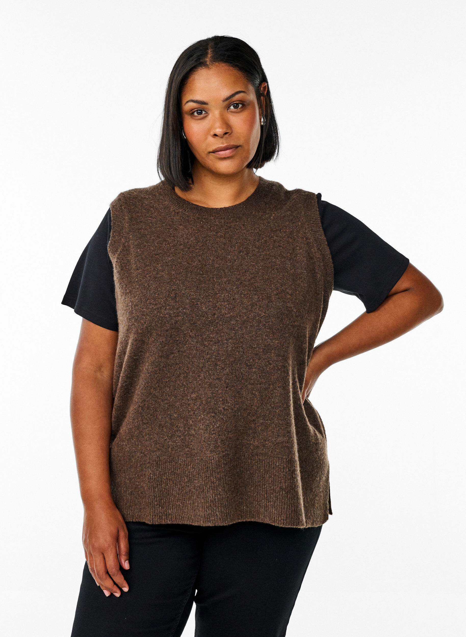Gebreid vest met geribbelde randen, Groen, Model