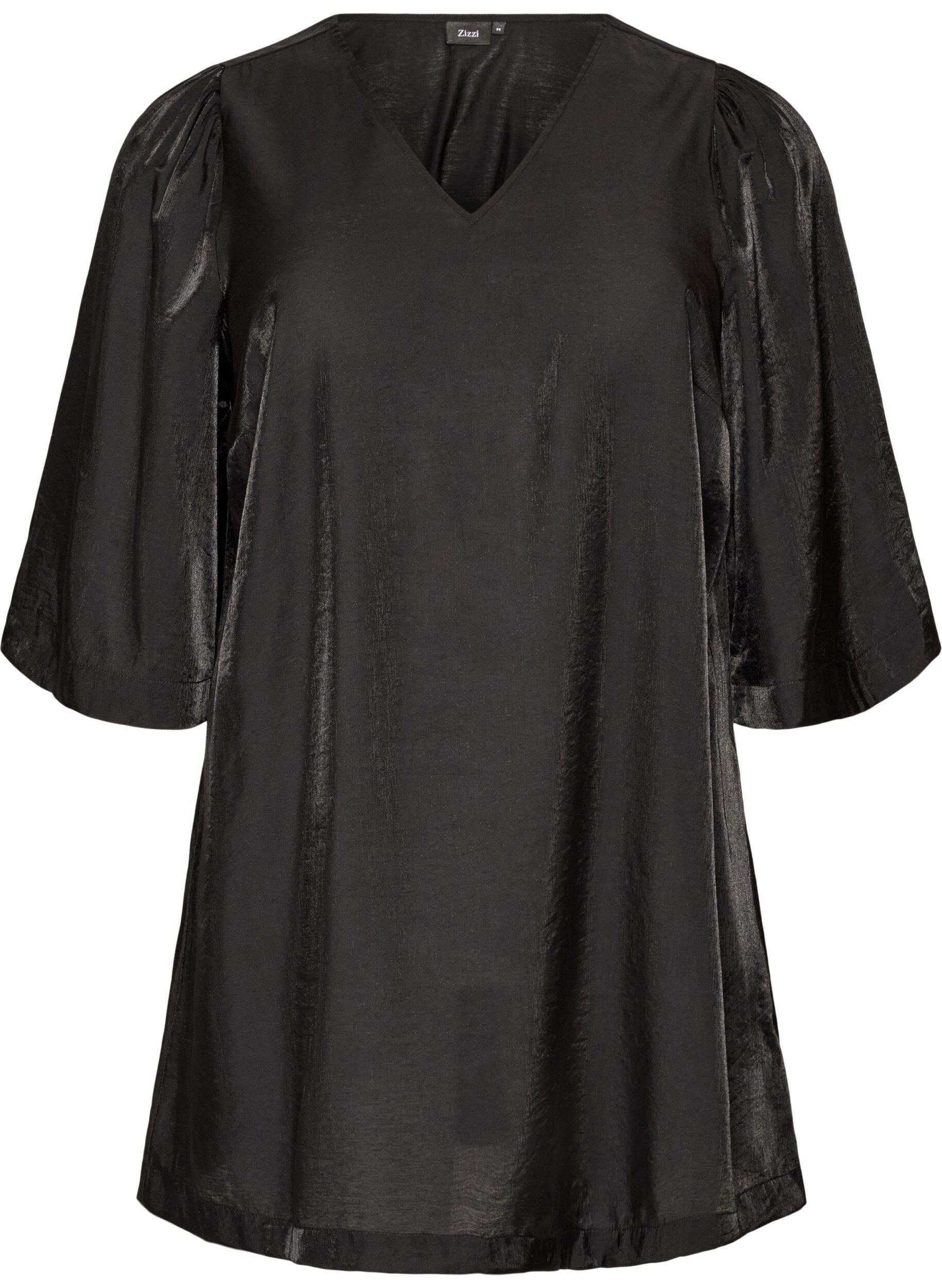ZizziGlanzende tuniek met V-hals en 3/4 mouwen, Zwart, Packshot image number 0
