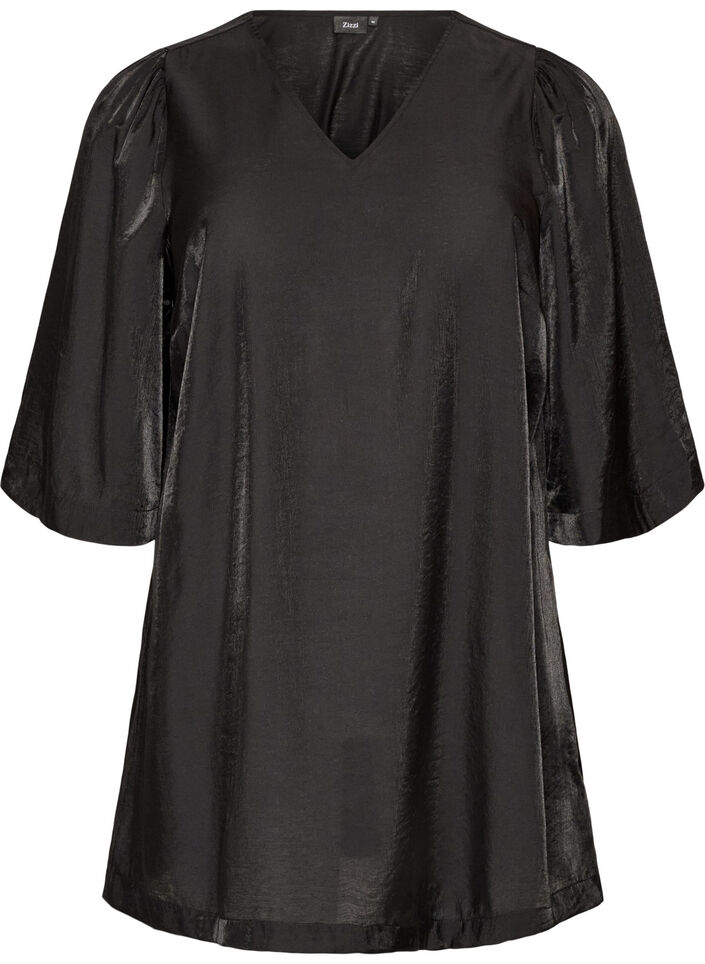 Glanzende tuniek met V-hals en 3/4 mouwen, Zwart, Packshot image number 0