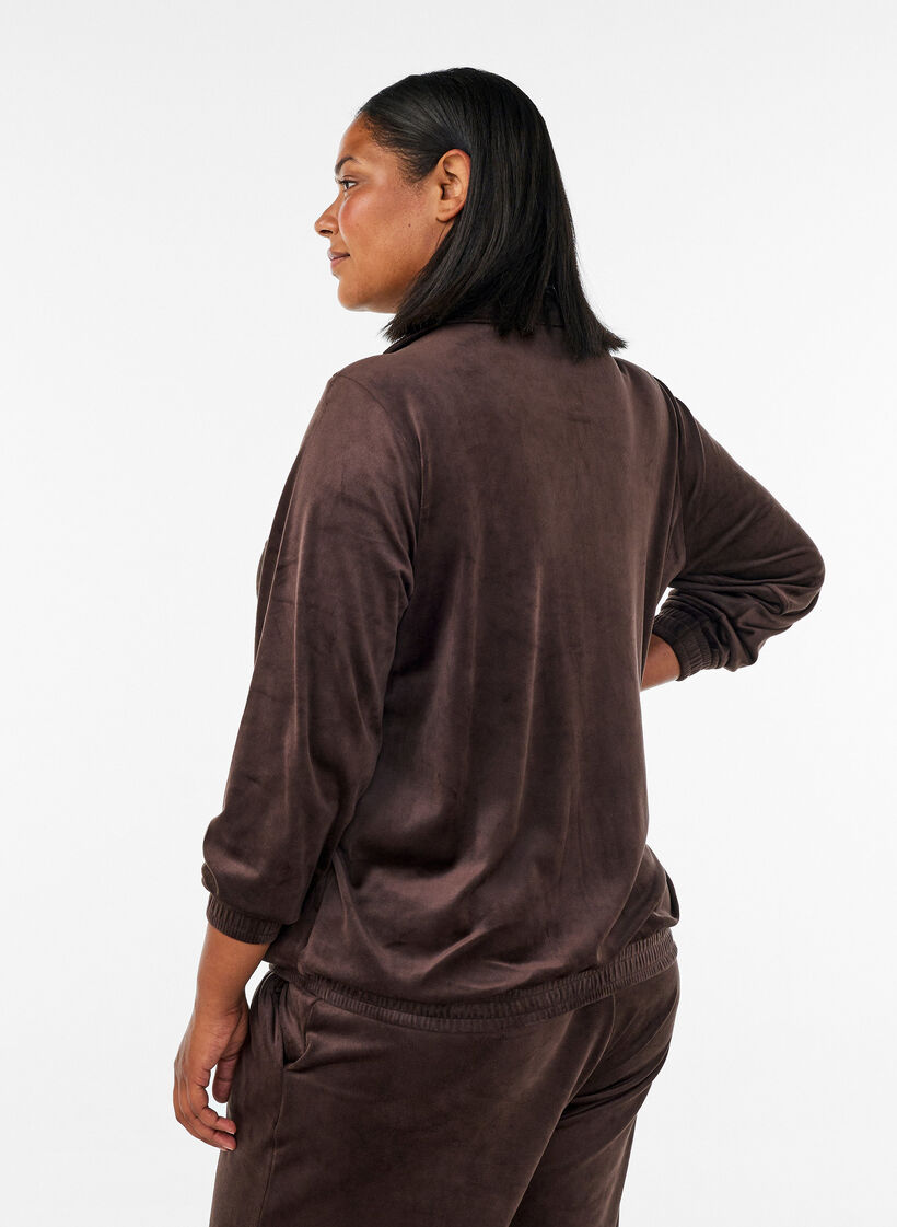 Zachte velours cardigan met rits en hoge kraag, Bruin, Model image number 2