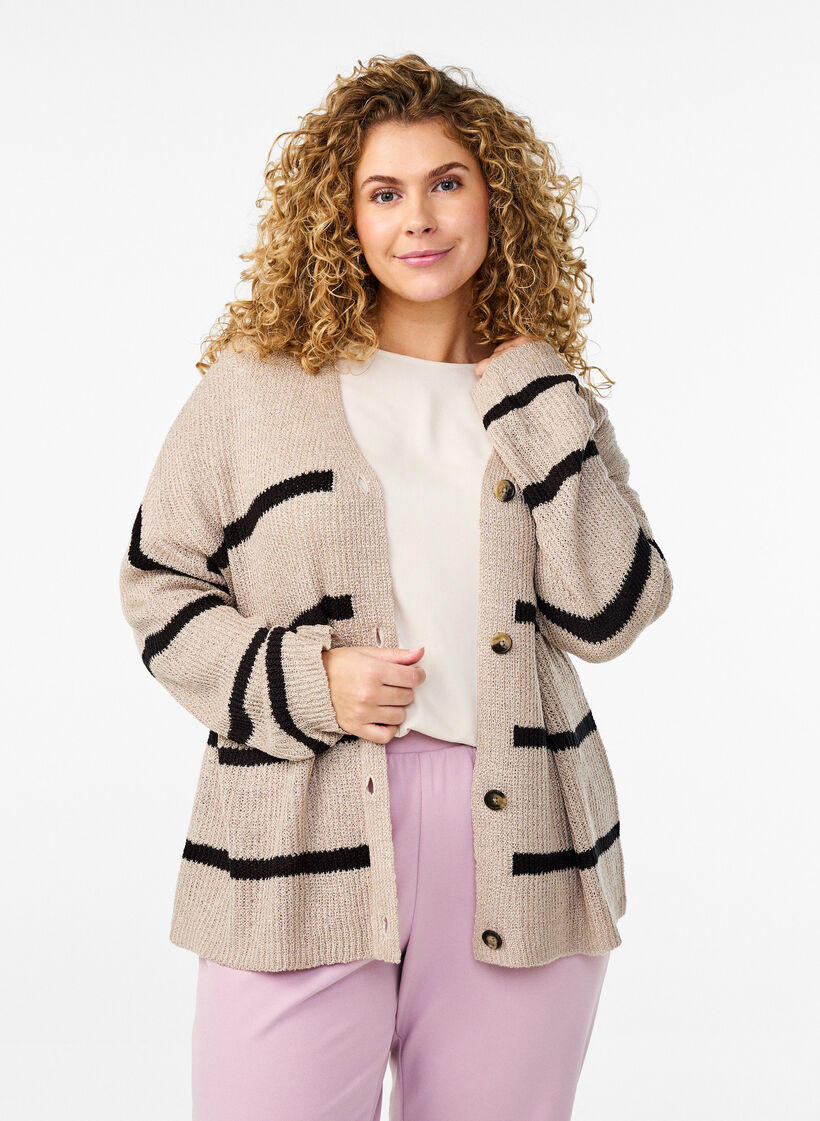 FLASH - Cardigan met strepen en knopen in breisel, Beige, Model image number 0