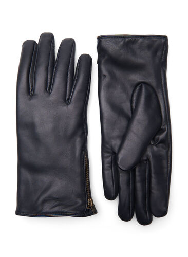 Lederen handschoen met rits, Black, Packshot image number 0