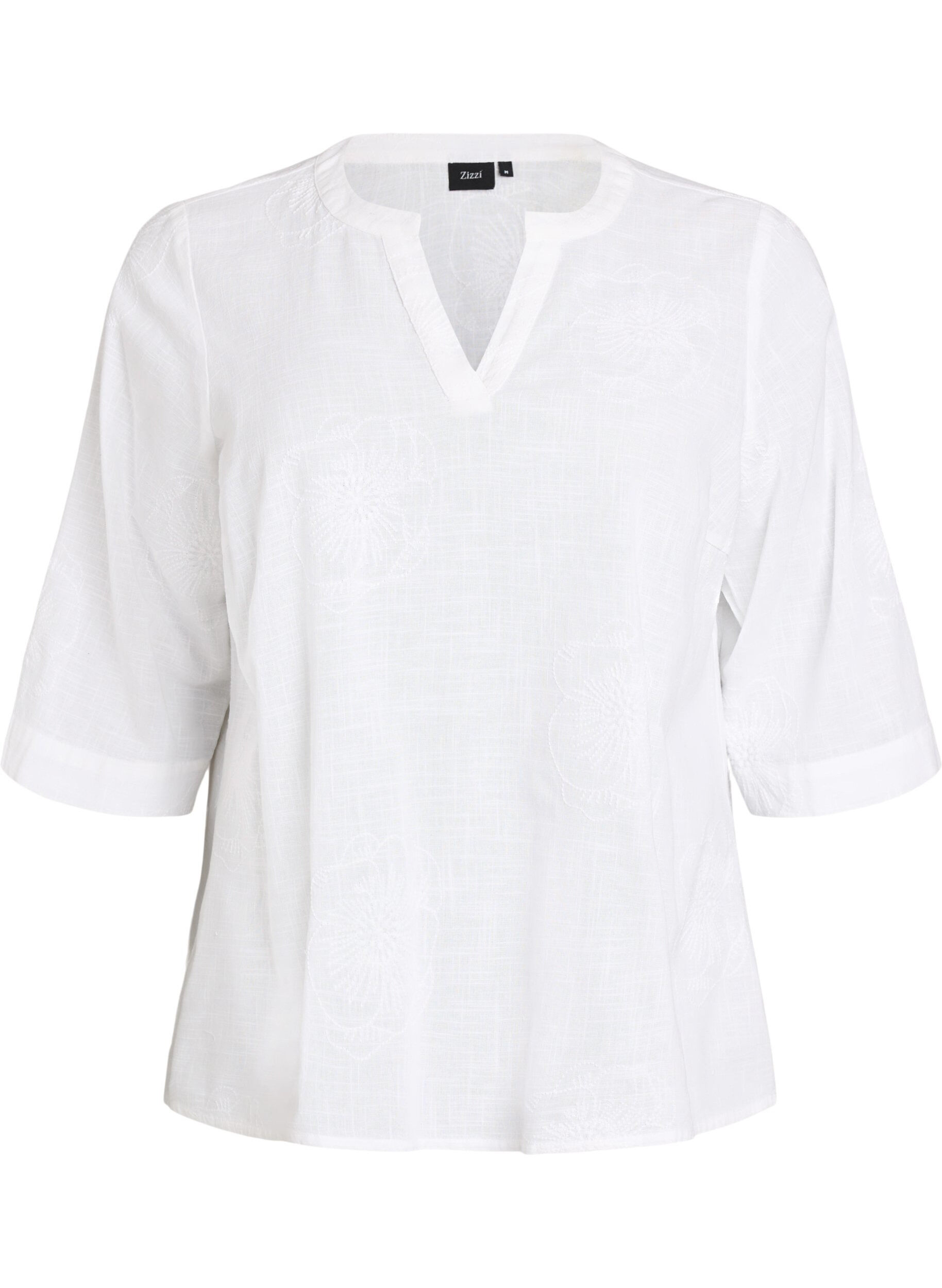 Zizzi Blouse en coton avec d&eacute;tails brod&eacute;s et manches 3/4, Blanc, Packshot image number 0
