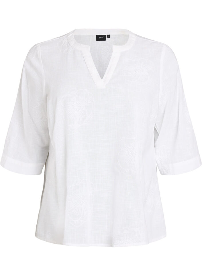 Blouse en coton avec d&eacute;tails brod&eacute;s et manches 3/4, Blanc, Packshot image number 0