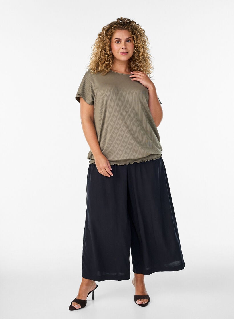 Jersey blouse met gestructureerde strepen en een gesmokte zoom, Bruin, Model image number 1