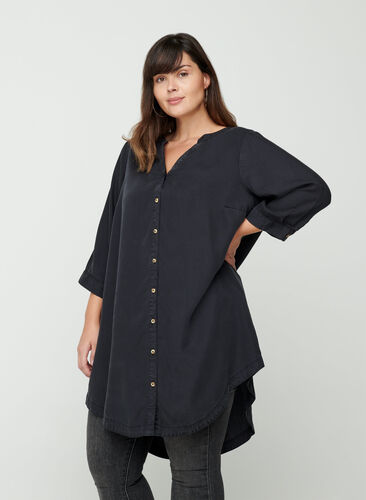 Robe chemise manches 3/4, Black, Model image number 0