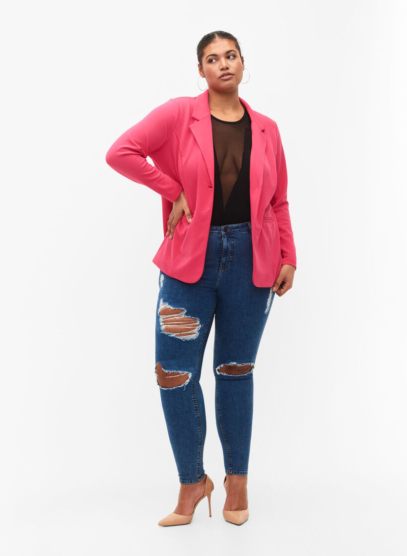 Strakke jeans met slijtagedetails, Blue denim, Model image number 0