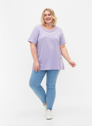 Katoenen t-shirt met kanten band, Lavender, Model image number 2