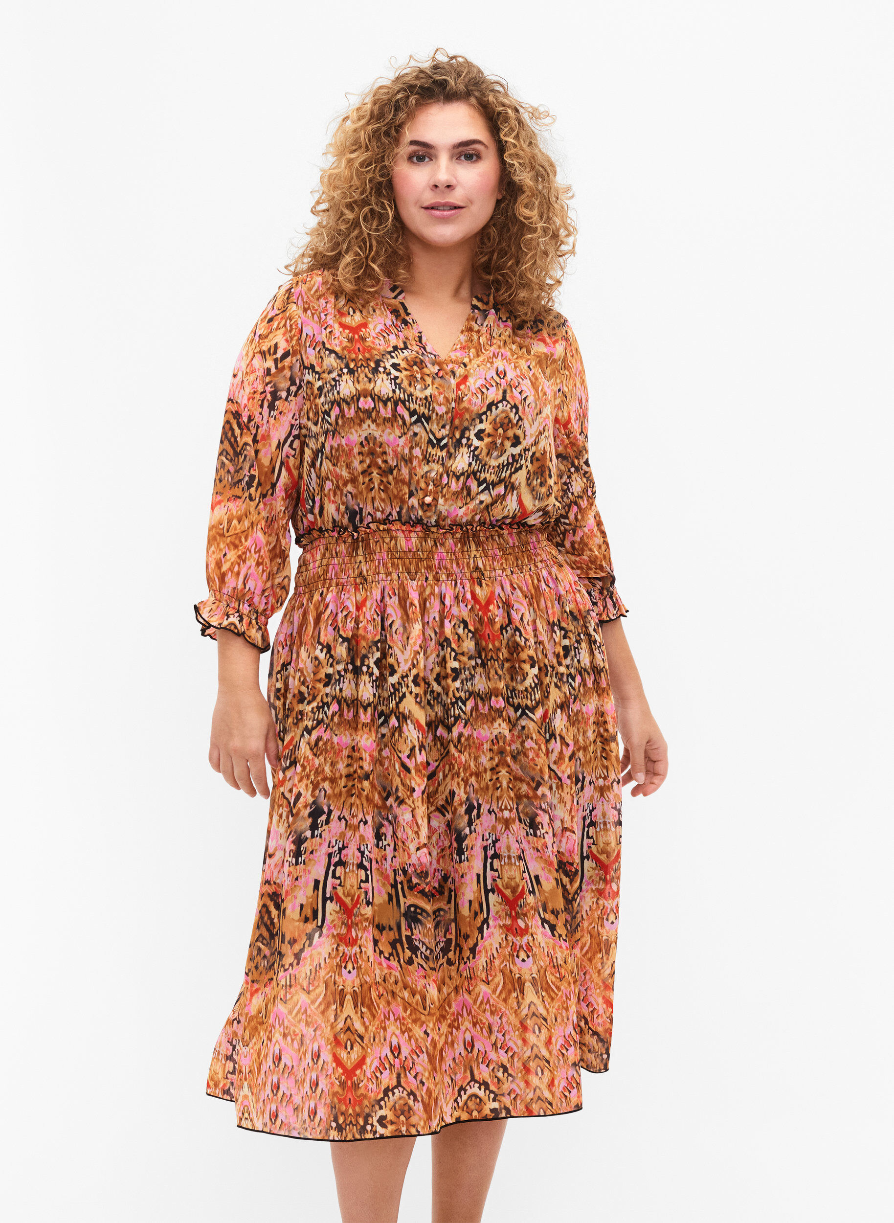ZizziMidi-jurk met print, smock en 3/4-mouwen, Colorful Ethnic, Model image number 0