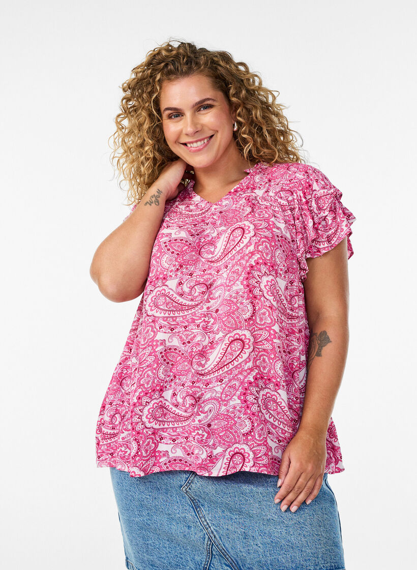 Blouse imprim&eacute;e en viscose avec volants, Rose, Model image number 0