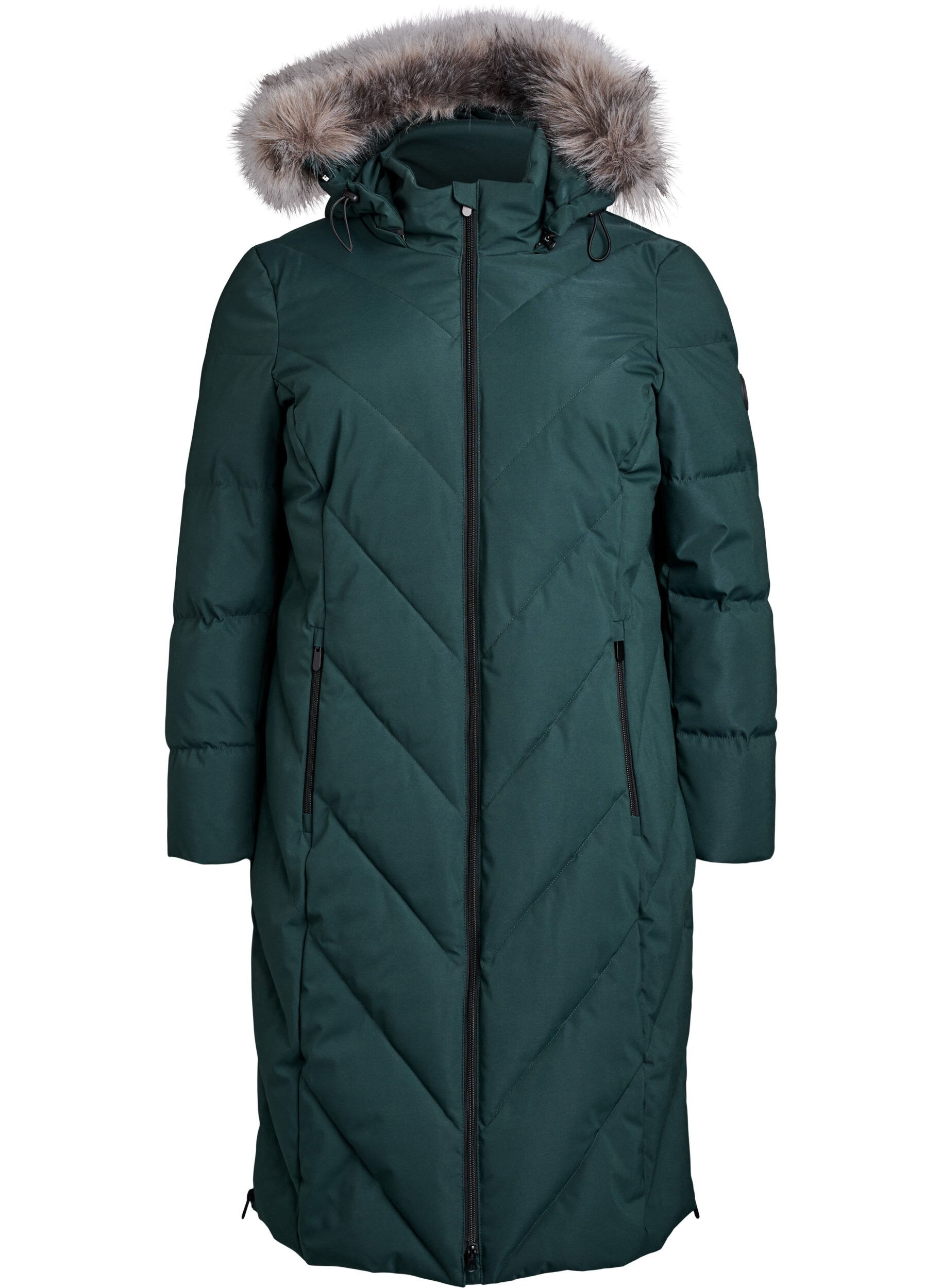 ZizziLange winterjas met haaksluitingen en een nep bontkraag, Groen, Packshot image number 0