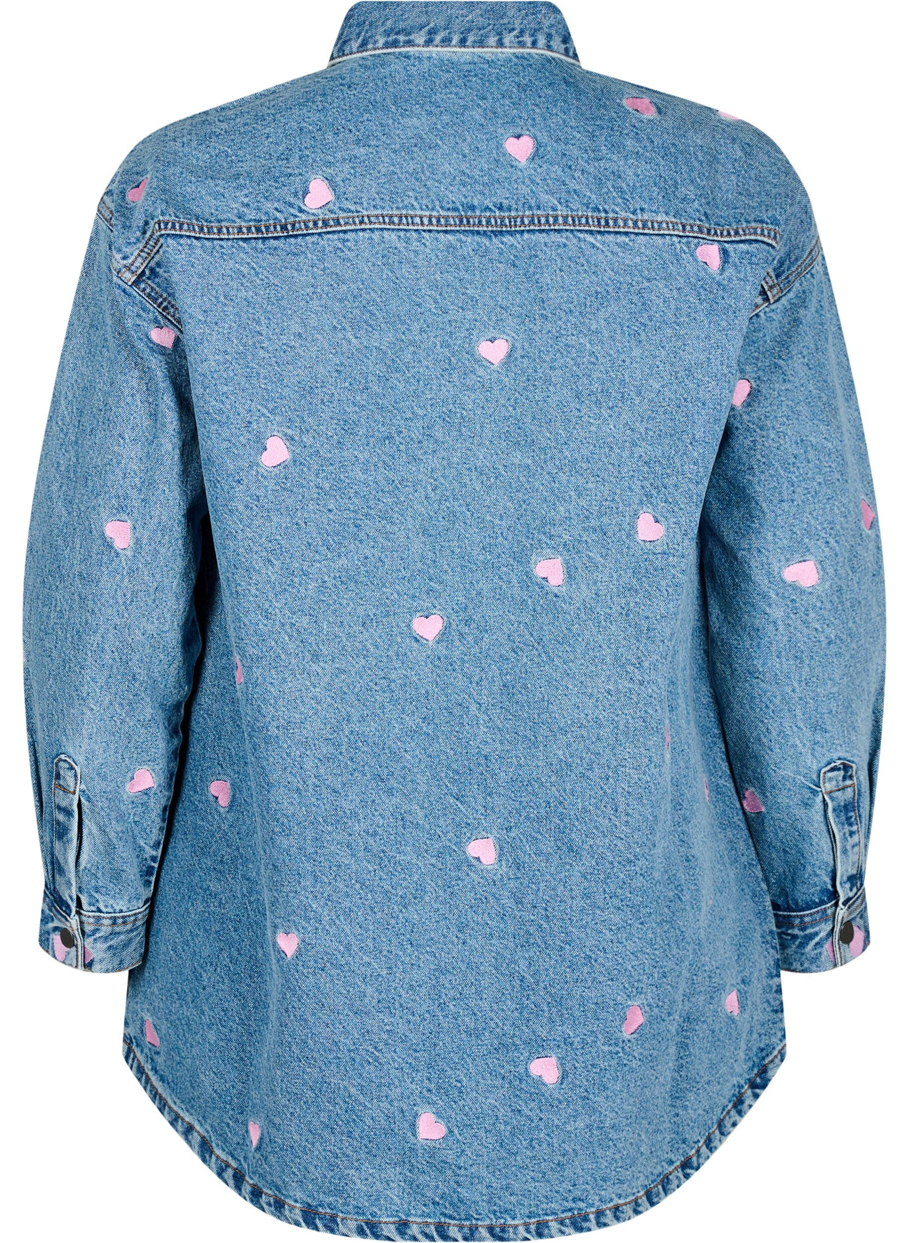 ZizziLosse denimshirt met geborduurde hartjes, Light Blue Heart, Packshot image number 1