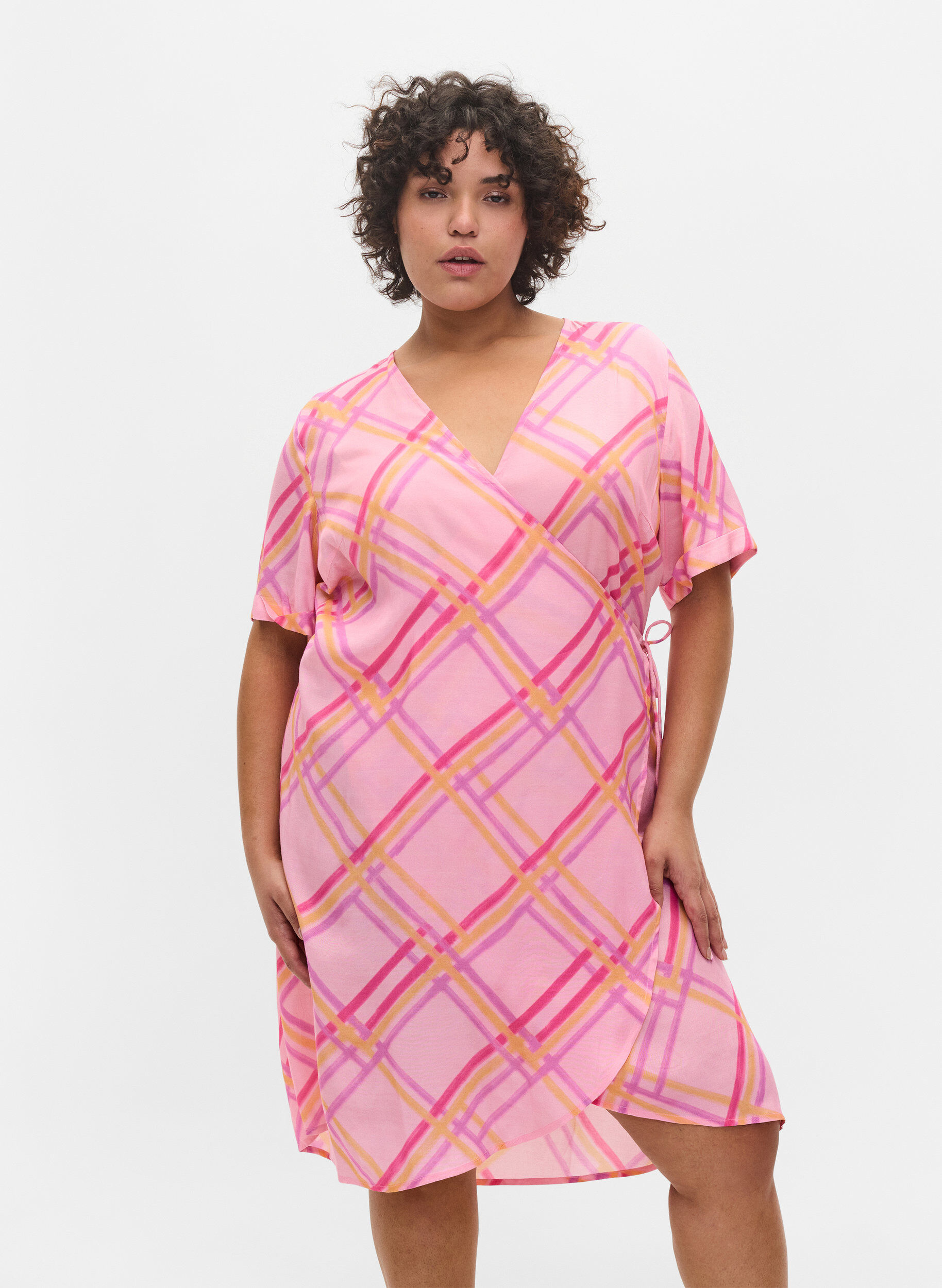 ZizziGeruite viscose wikkeljurk, Pink Check, Model image number 0
