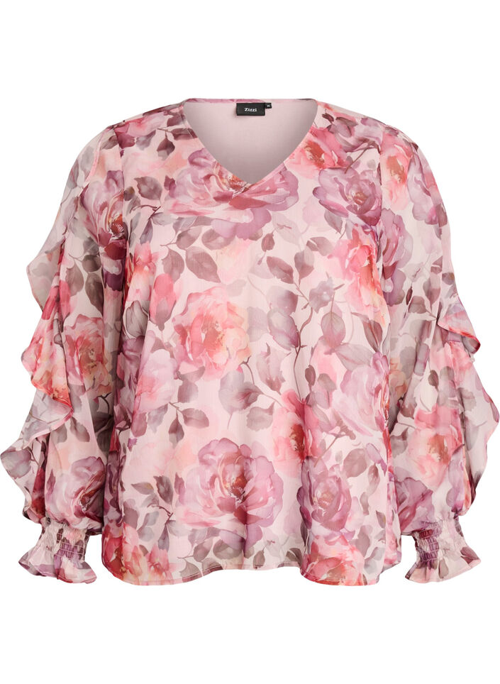Blouse met bloemenprint, V-hals en ruches mouwen, Roze, Packshot image number 0
