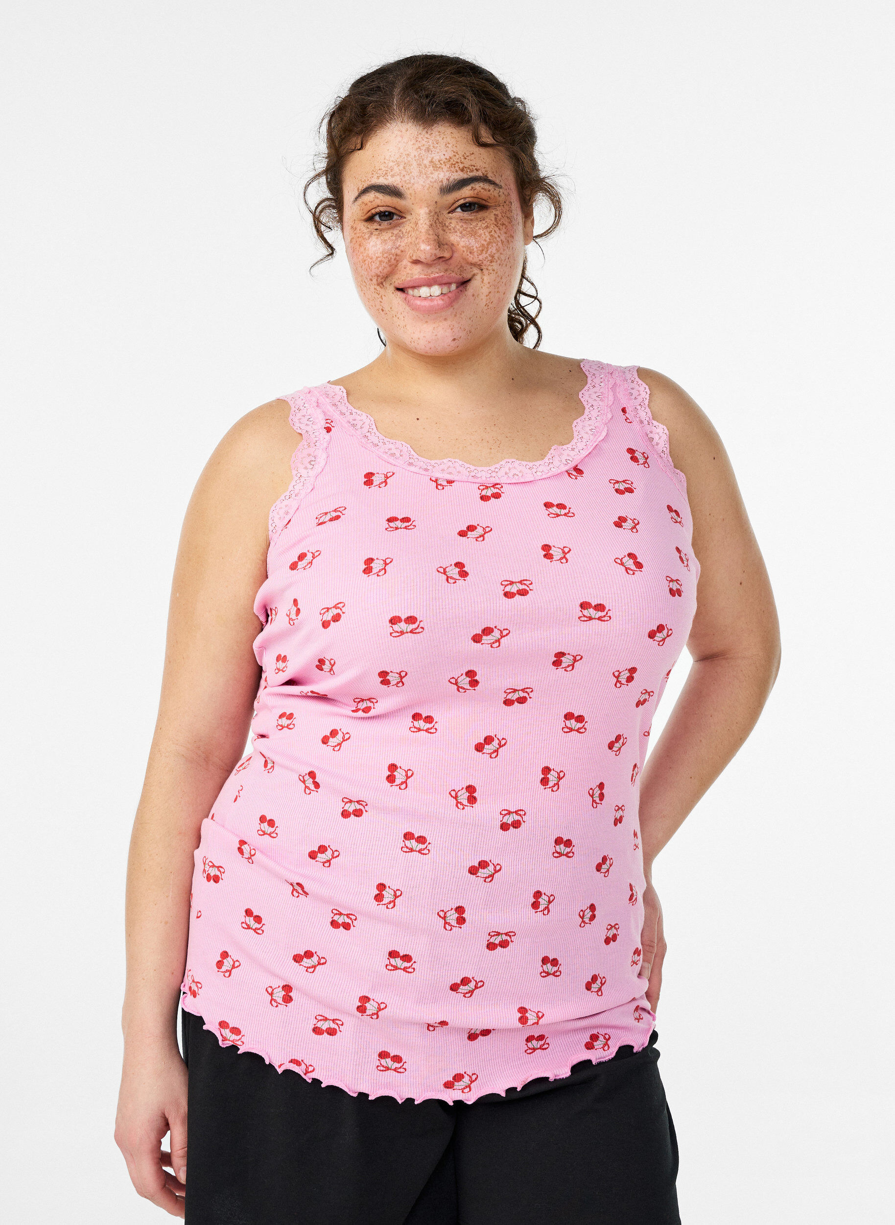 Top avec imprim&eacute; et bord en dentelle, Rose, Model