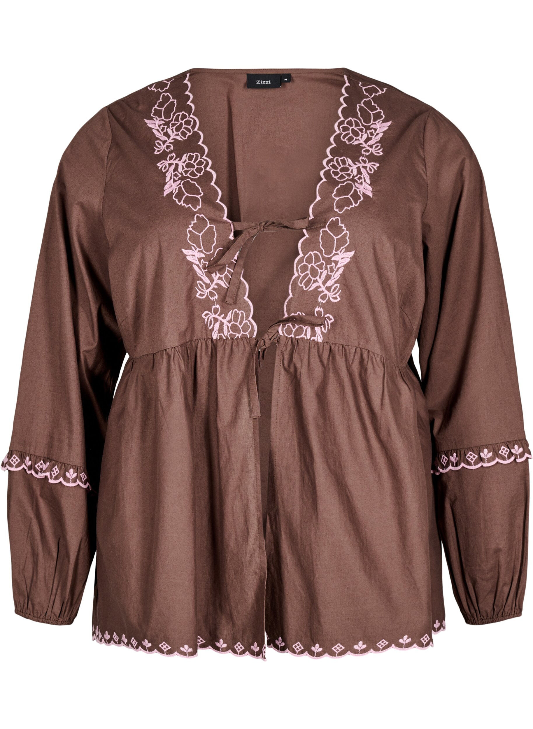 ZizziBlouse met open voorkant en geborduurde details, Bruin, Packshot image number 0
