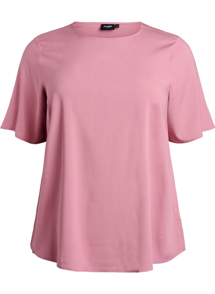Geweven blouse met korte mouwen en ronde hals, Roze, Packshot image number 0