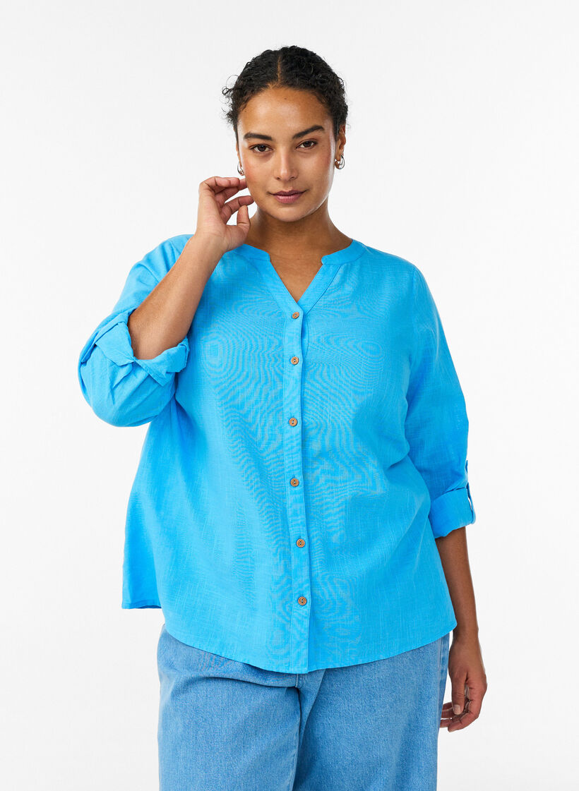Katoenen blouse met V-hals, Blauw, Model image number 0