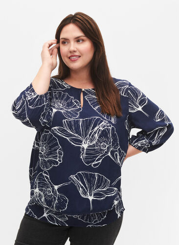 Viscose blouse met bloemenprint en smokwerk, Navy B./Big Fl. AOP, Model image number 0