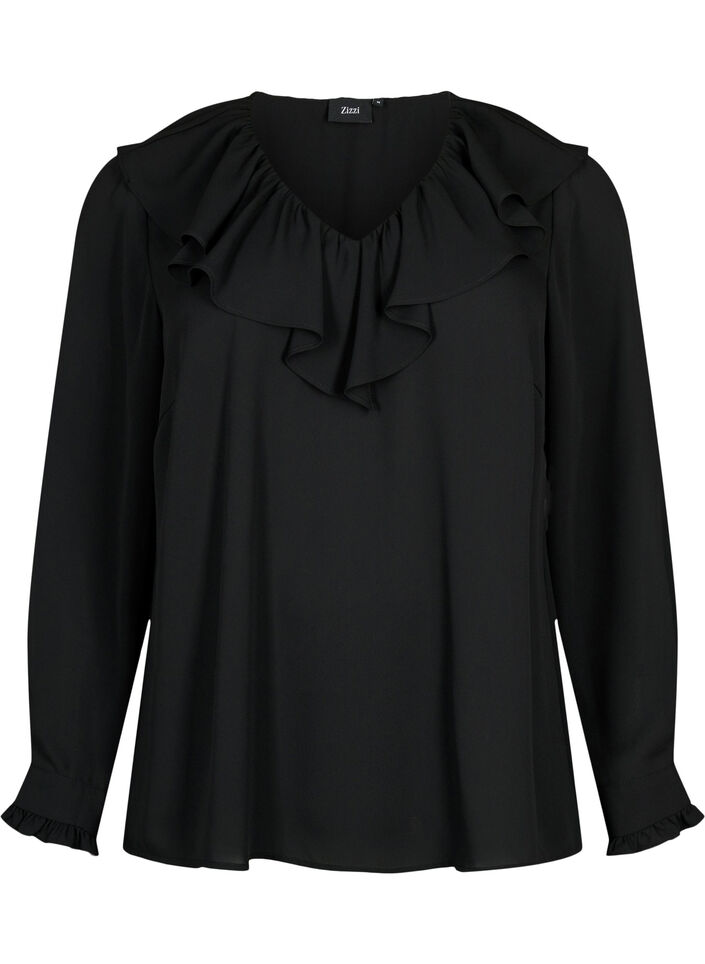 Blouse met ruches en lange mouwen, Black, Packshot image number 0