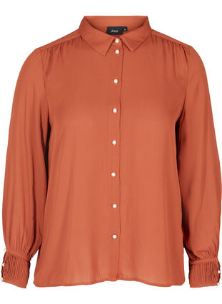 Plissé blouse met parelknopen, Sequoia, Packshot image number 0