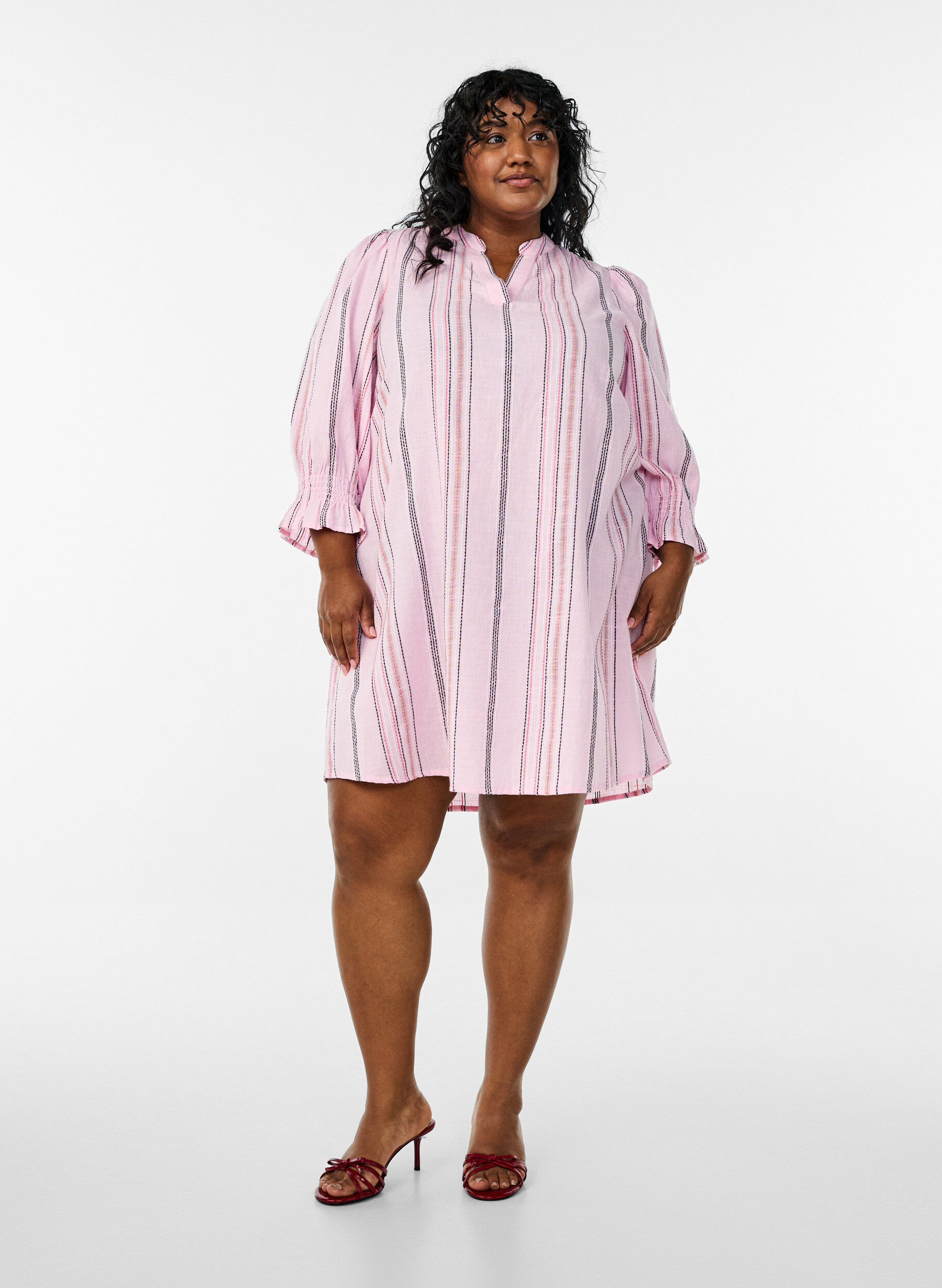 ZizziKorte katoenen jurk met gestreept patroon, Roze, Model image number 1