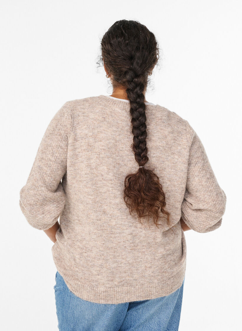 Cardigan met strikknopen en opengewerkt patroon, Beige, Model image number 2