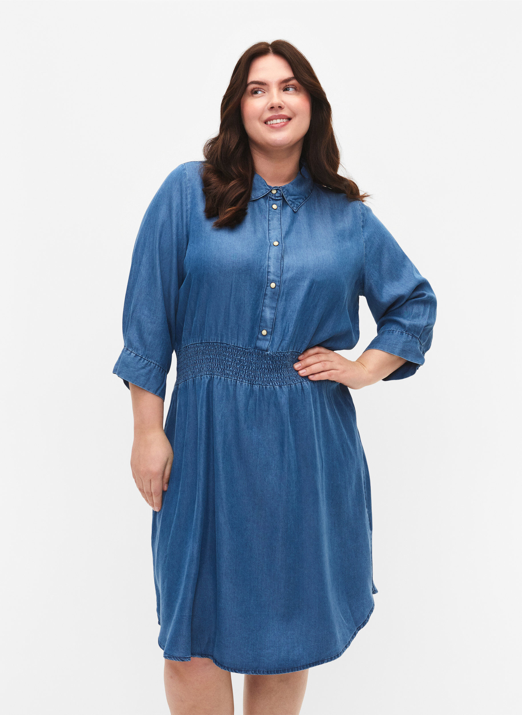 ZizziZachte denim jurk met 3/4 mouwen en smock, Blue denim, Model image number 0