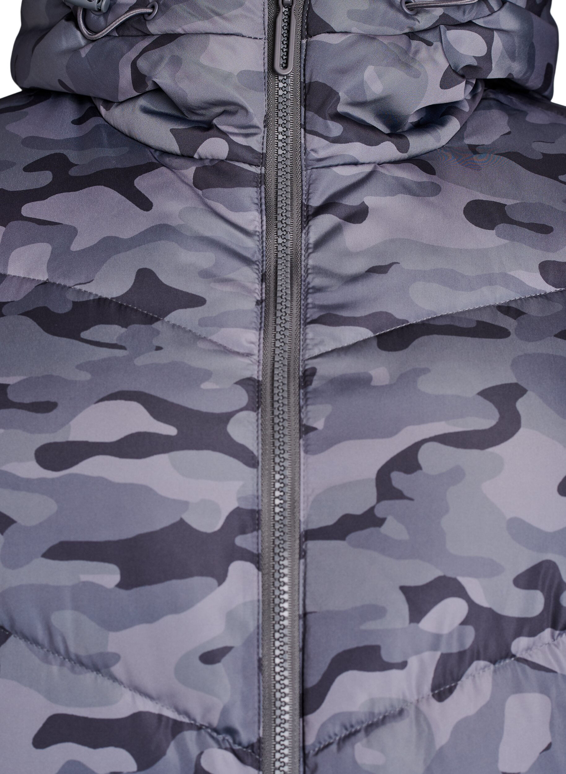 ZizziLange gewatteerde jas met camouflageprint, Grijs, Packshot image number 2