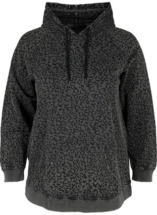 Sweatshirt in biologisch katoen en luipaard print met capuchon, Grey Leo Acid Wash, Packshot image number 0