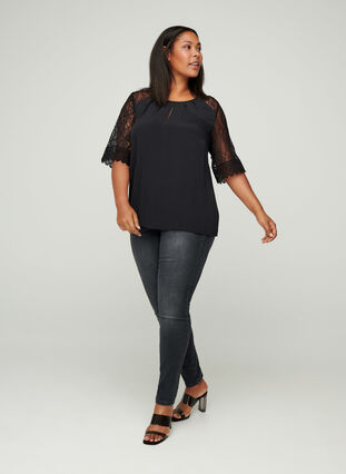 Viscose blouse met kanten mouwen, Black, Model image number 2