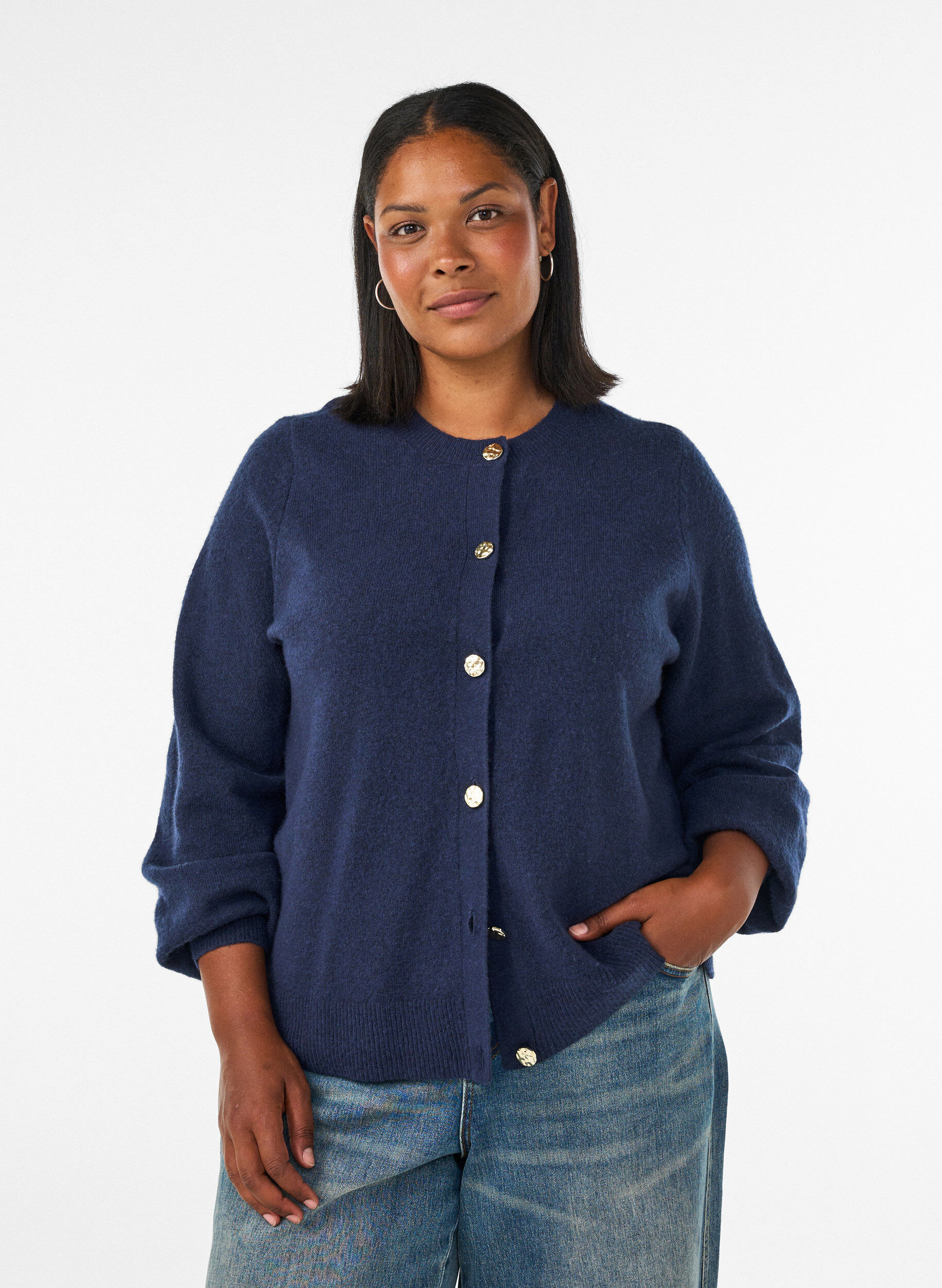 Vest in zacht breisel met goudkleurige knopen, Blauw, Model