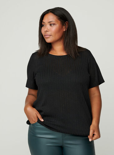 T-shirt met elastiek in de onderkant, Black, Model image number 0