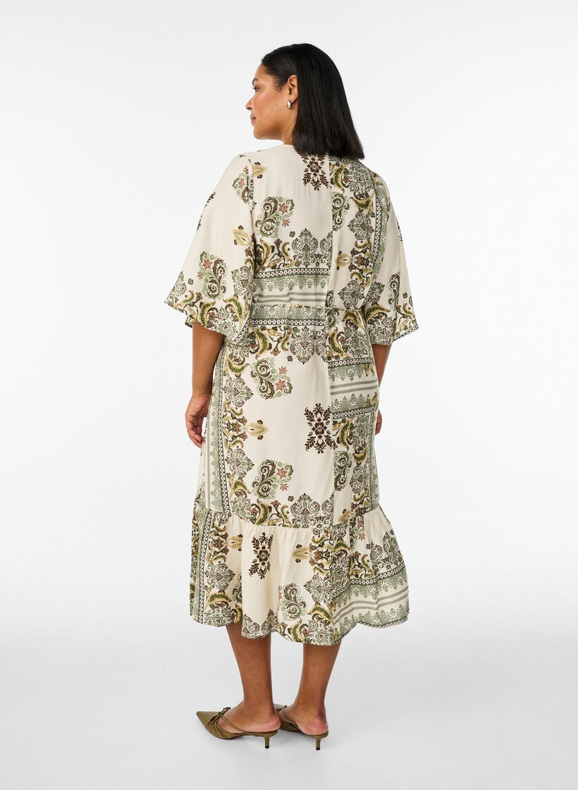 Gedessineerde midi jurk in viscose met strikceintuur, Groen, Model image number 1