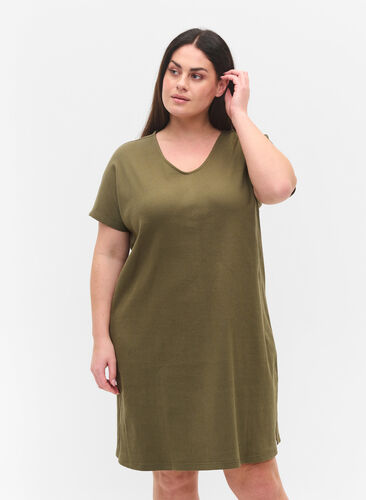 Katoenen jurk met korte mouwen in rib, Ivy Green, Model image number 0