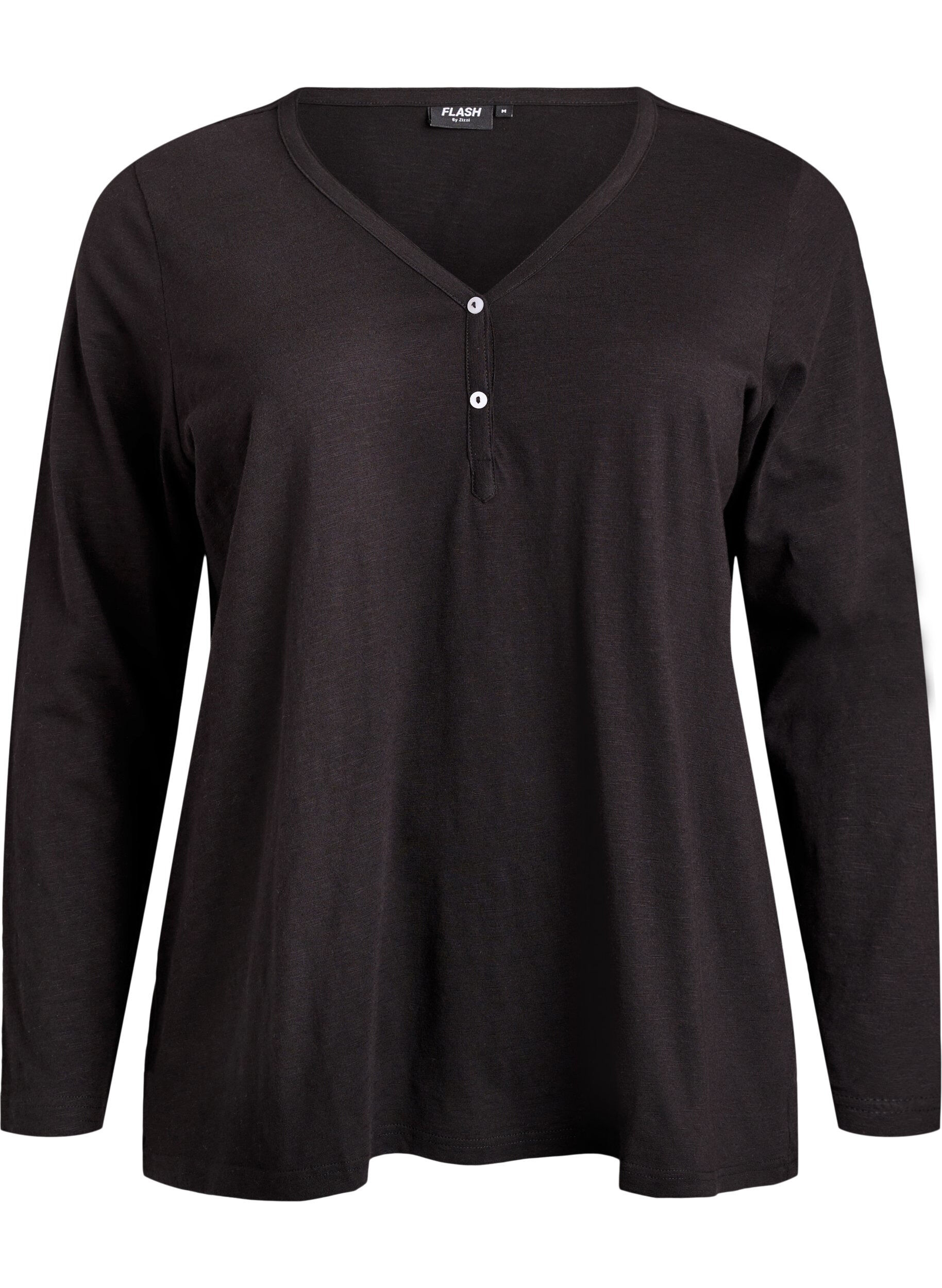 FLASH - T-shirt met lange mouwen, V-hals en knopen