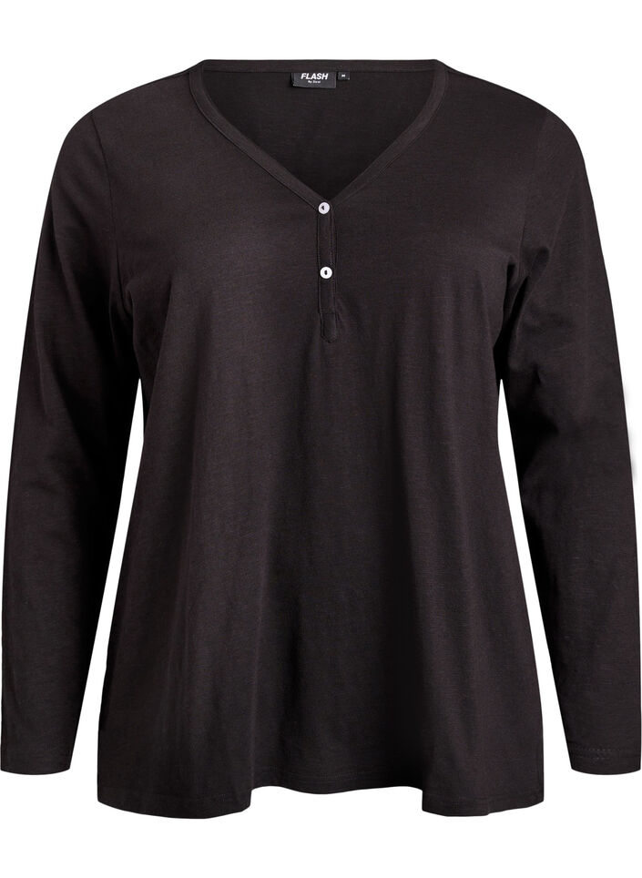 T-shirt met lange mouwen, V-hals en knopen, Zwart, Packshot image number 0