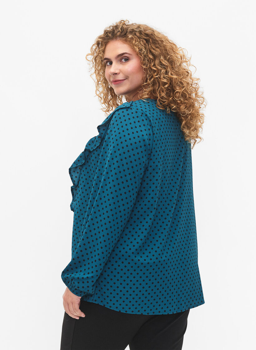 Blouse met lange mouwen en ruches, Shaded Spruce Dot, Model image number 1