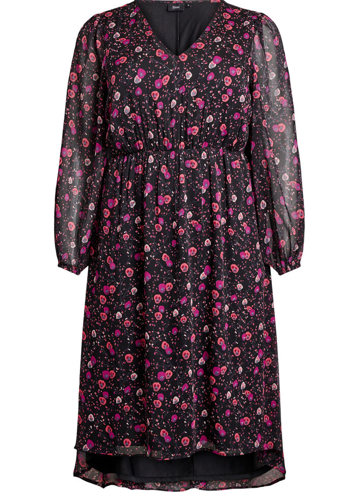 Chiffon jurk met bloemenprint en lange mouwen, Zwart, Packshot image number 0