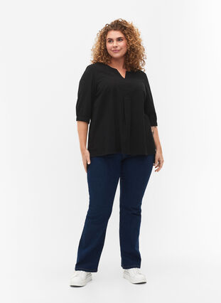 FLASH - Katoenen blouse met halflange mouwen, Black, Model image number 2