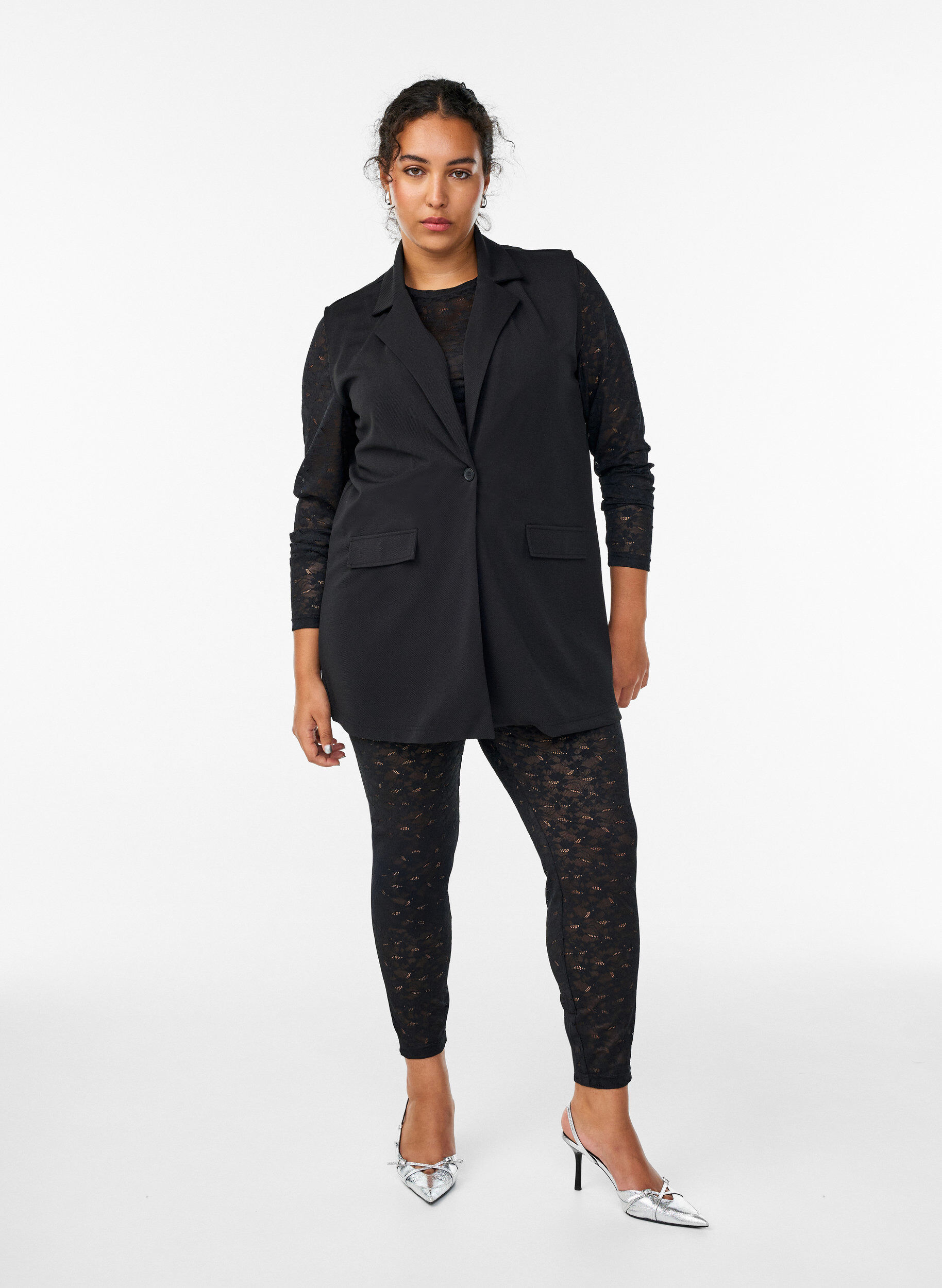 Kanten leggings met een high waist, Zwart, Model