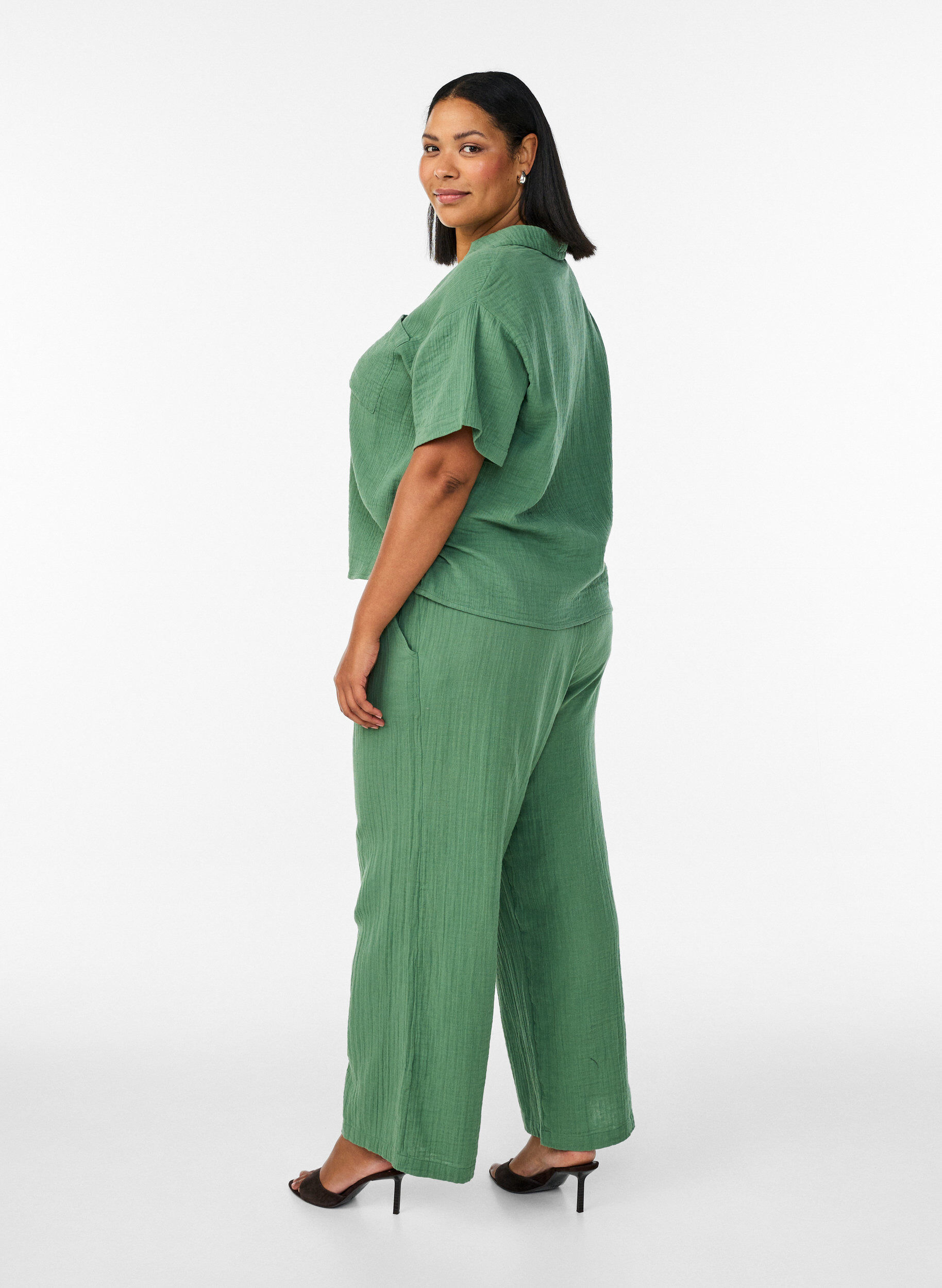 ZizziHigh-waist katoenen mousseline broek met losse pijpen, Groen, Model image number 1