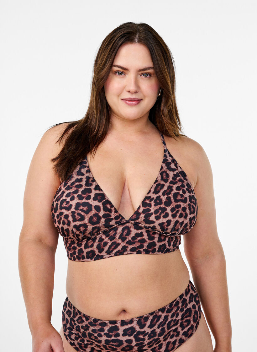 Haut de bikini &agrave; imprim&eacute; floral avec liens &agrave; nouer dans le dos, Marron, Model image number 0