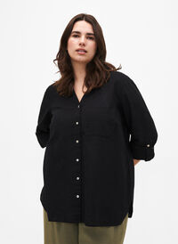 Shirt blouse met knoopsluiting van katoen-linnenmix, Black, Model