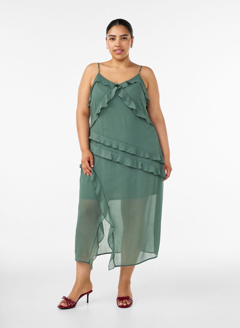 Chiffon jurk met asymmetrische ruches, Groen, Model image number 0