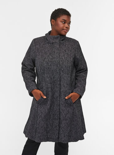 Manteau en laine à col montant et poches, Black solid, Model image number 0