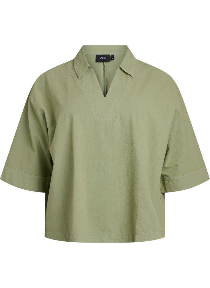 Blouse ample avec col et manches 1/2, Vert, Packshot image number 0
